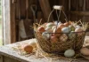 Where to Buy Fresh Eggs in Singapore Wire basket of brown, blue-green and speckled fresh eggs on straw on a wooden farm table