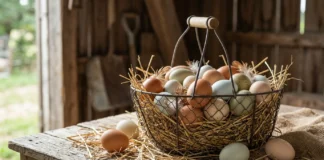 Where to Buy Fresh Eggs in Singapore Wire basket of brown, blue-green and speckled fresh eggs on straw on a wooden farm table