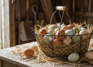 Where to Buy Fresh Eggs in Singapore Wire basket of brown, blue-green and speckled fresh eggs on straw on a wooden farm table