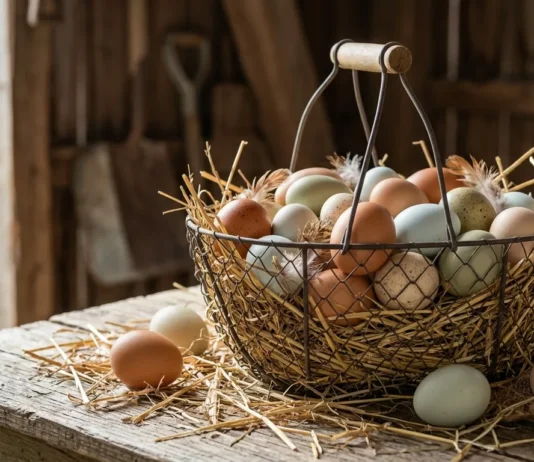 Where to Buy Fresh Eggs in Singapore Wire basket of brown, blue-green and speckled fresh eggs on straw on a wooden farm table