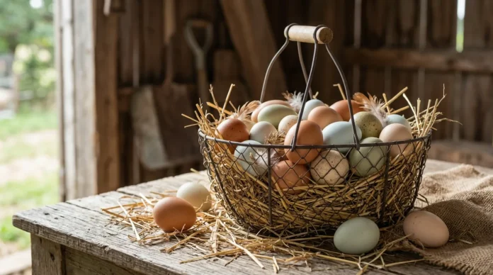 Wire basket of brown, blue-green and speckled fresh eggs on straw on a wooden farm table